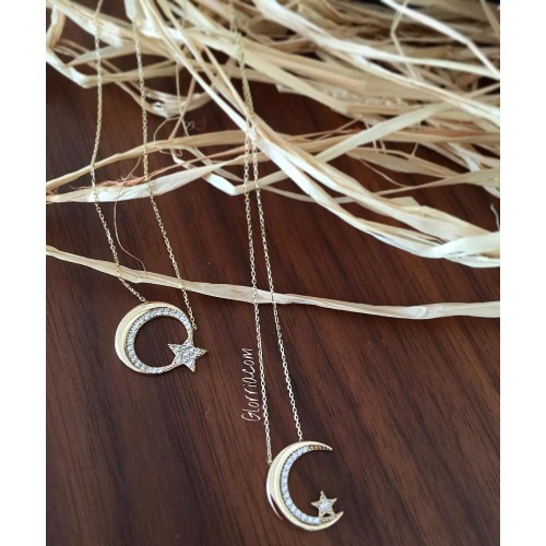 Glorria 14k Solid Gold Crescent And Star Necklace Glorria 14k Solid Gold Crescent And Star Necklace