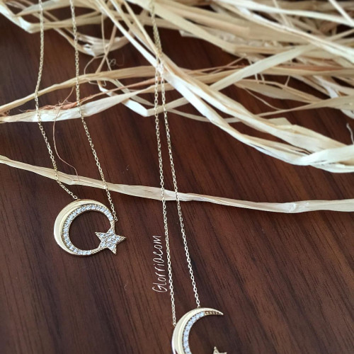 Glorria 14k Solid Gold Crescent And Star Necklace Glorria 14k Solid Gold Crescent And Star Necklace