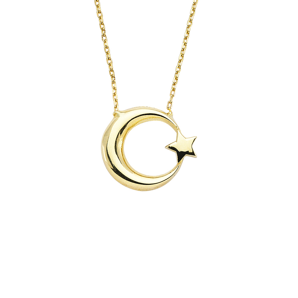 Glorria 14k Solid Gold Crescent And Star Necklace