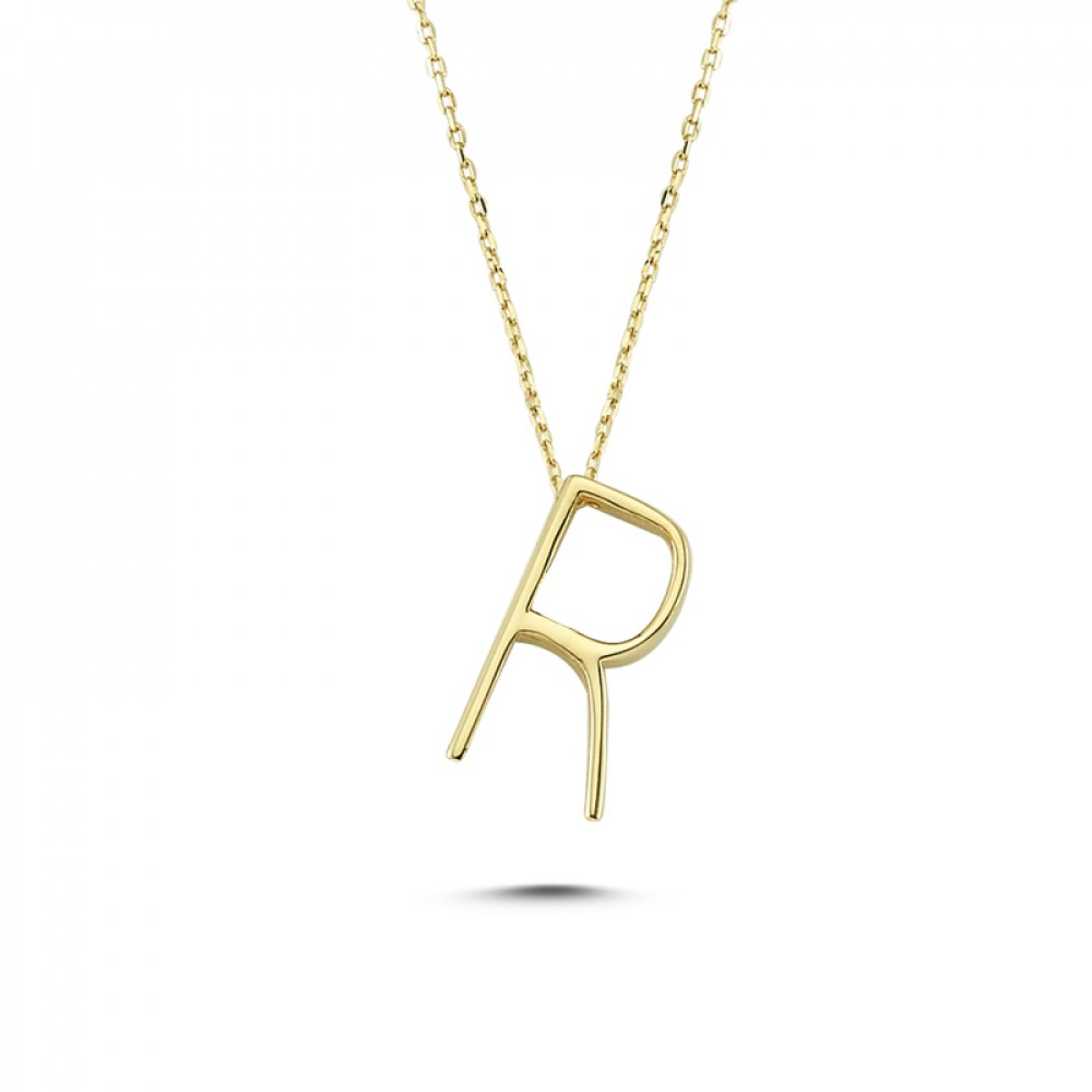 Glorria 14k Solid Gold 3D R Letter Necklace