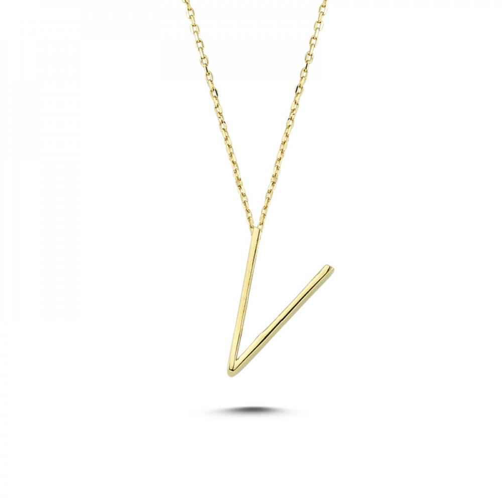 Glorria 14k Solid Gold 3D V Letter Necklace