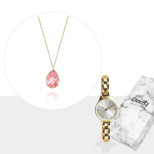 Glorria 14k Solid Gold Drop Necklace, Watch Gift Set