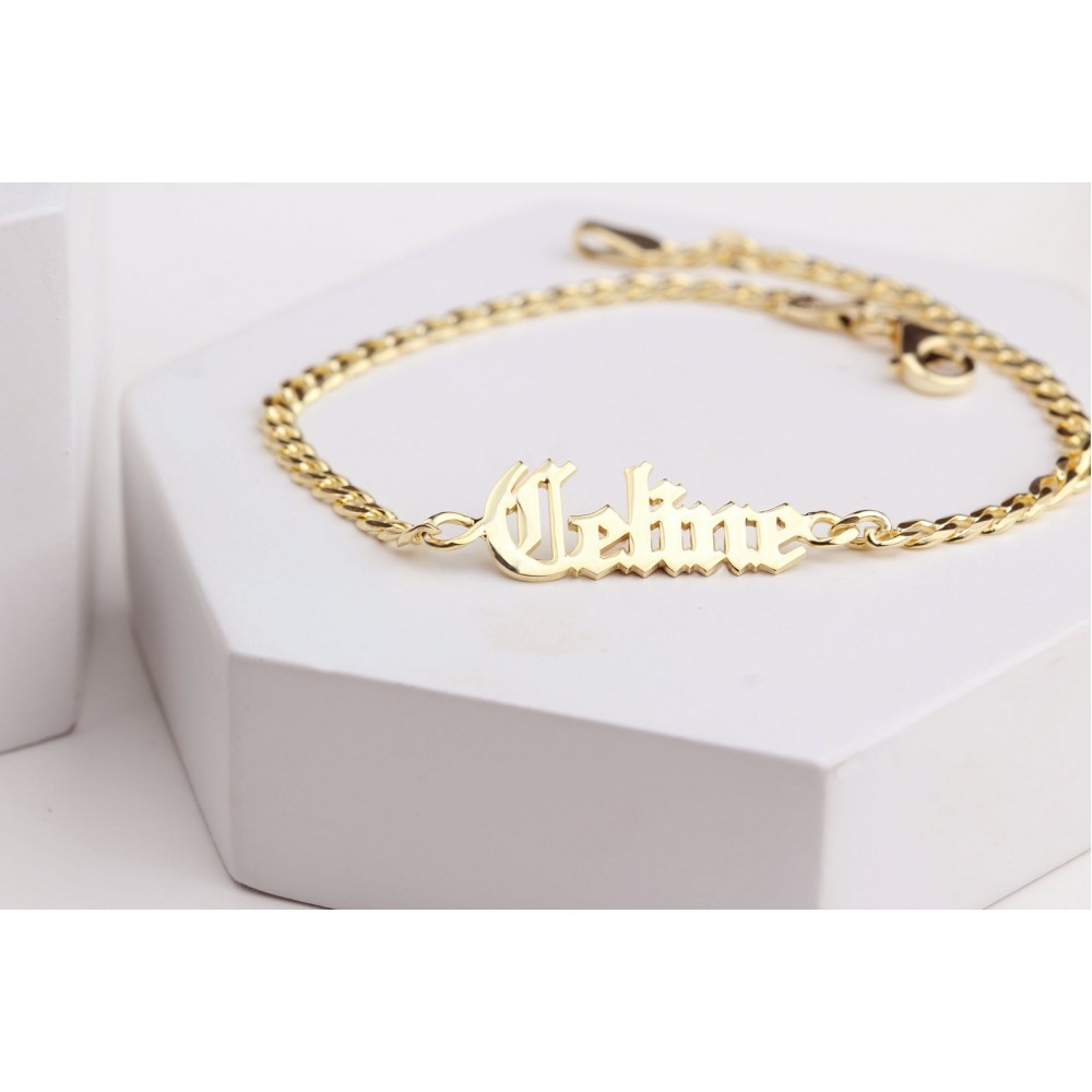 Glorria 925k Sterling Silver Personalized Gothic Name Bracelet with Curb Chain