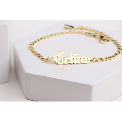 Glorria 925k Sterling Silver Personalized Gothic Name Bracelet with Curb Chain Glorria 925k Sterling Silver Personalized Gothic Name Bracelet with Curb Chain