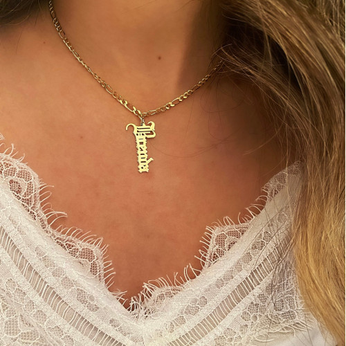 Glorria 925k Sterling Silver Personalized Gothic Letter Necklace with Figaro Chain