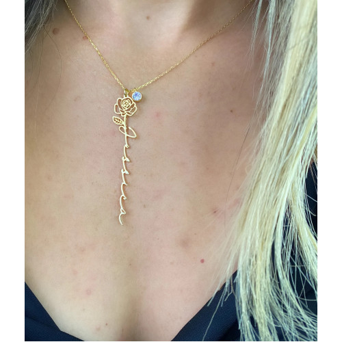 Glorria 925k Sterling Silver Personalized Name Birth Flower and Birthstone Sterling Silver Necklace