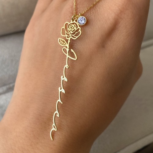 Glorria 925k Sterling Silver Personalized Name Birth Flower and Birthstone Sterling Silver Necklace