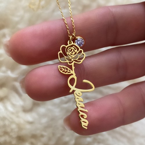 Glorria 925k Sterling Silver Personalized Name Birth Flower and Birthstone Sterling Silver Necklace