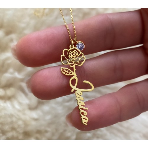 Glorria 925k Sterling Silver Personalized Name Birth Flower and Birthstone Sterling Silver Necklace