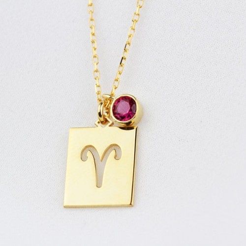 Glorria 925k Sterling Silver Personalized Birthstone Aries Sign Silver Necklace