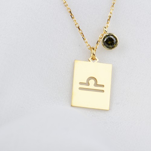 Glorria 925k Sterling Silver Personalized Libra Sign Sterling Silver Necklace with Birth Stone