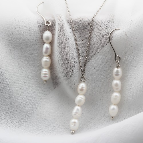 Glorria 925k Sterling Silver Necklace and Earrings Pearl Set
