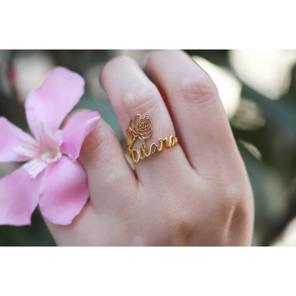 Glorria 925k Sterling Silver Personalized Name And Birth Flower Ring