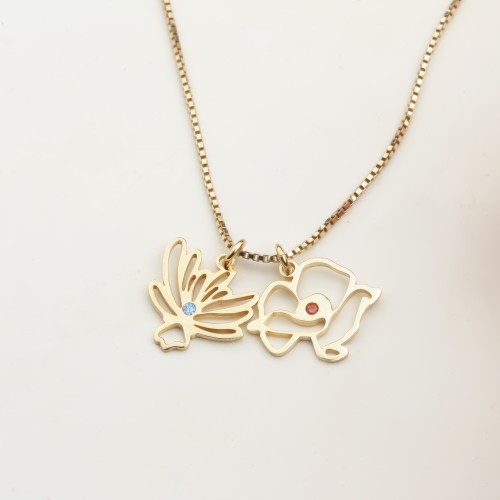 Glorria 925k Sterling Silver Personalized Birth Flower and Birthstone Cube Chain Necklace