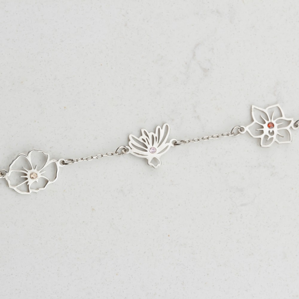 Glorria 925k Sterling Silver Personalized Birth Flower and Birthstone Bracelet