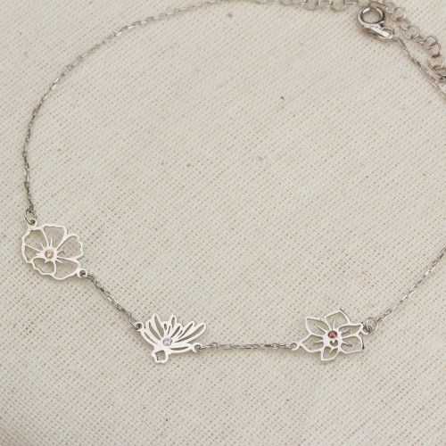 Glorria 925k Sterling Silver Personalized Birth Flower and Birthstone Bracelet