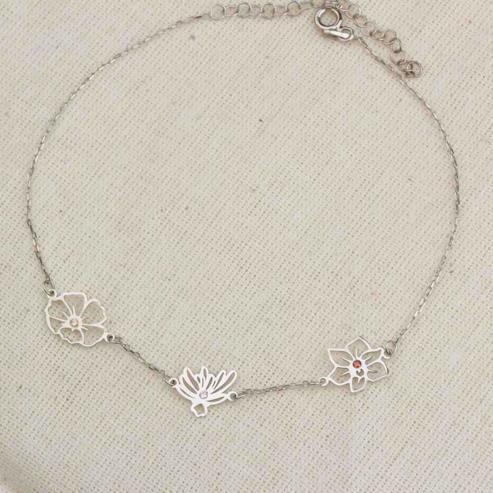 Glorria 925k Sterling Silver Personalized Birth Flower and Birthstone Bracelet