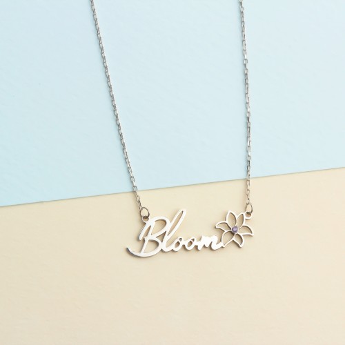 Glorria 925k Sterling Silver Personalized Name Birth Flower and Birthstone Necklace