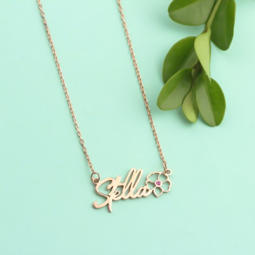 Glorria 925k Sterling Silver Personalized Name Birth Flower and Birthstone Necklace