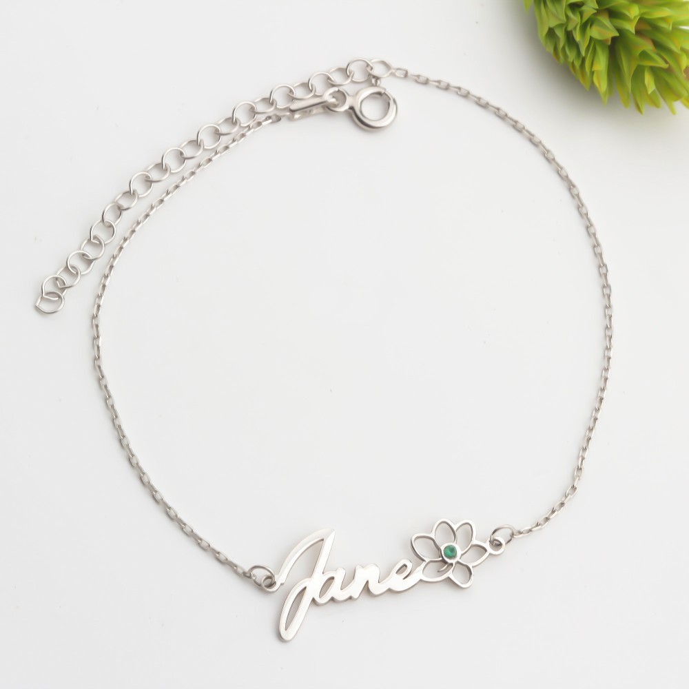 Glorria 925k Sterling Silver Personalized Name Birth Flower and Birthstone Bracelet