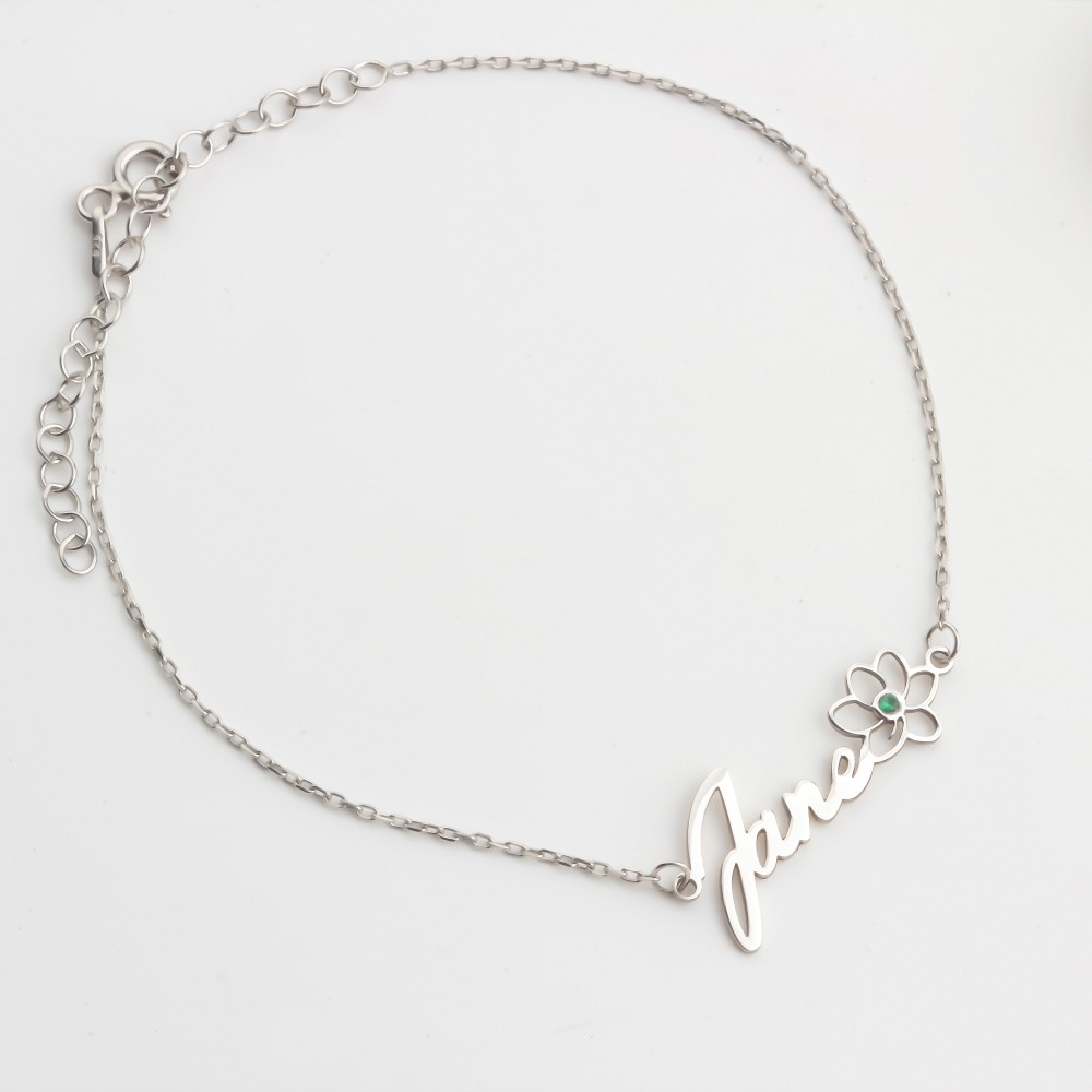 Glorria 925k Sterling Silver Personalized Name Birth Flower and Birthstone Bracelet