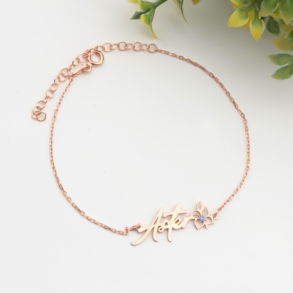 Glorria 925k Sterling Silver Personalized Name Birth Flower and Birthstone Bracelet