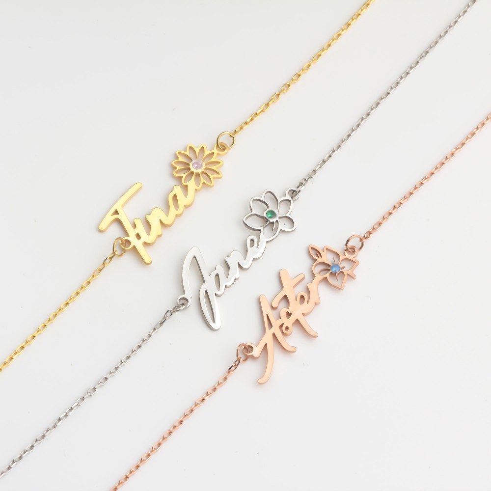 Glorria 925k Sterling Silver Personalized Name Birth Flower and Birthstone Bracelet