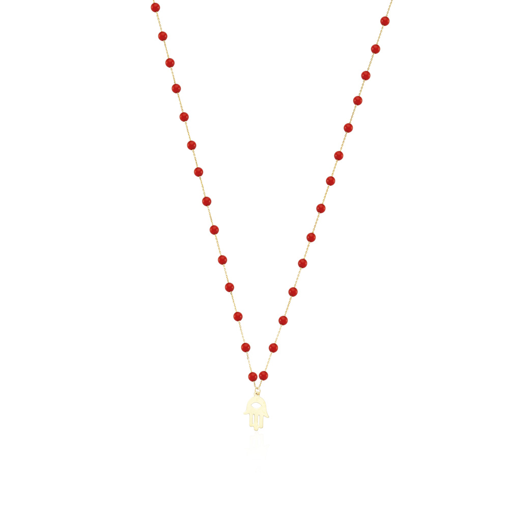 Glorria 14k Solid Gold Coral Rows Pave Hamsa Necklace