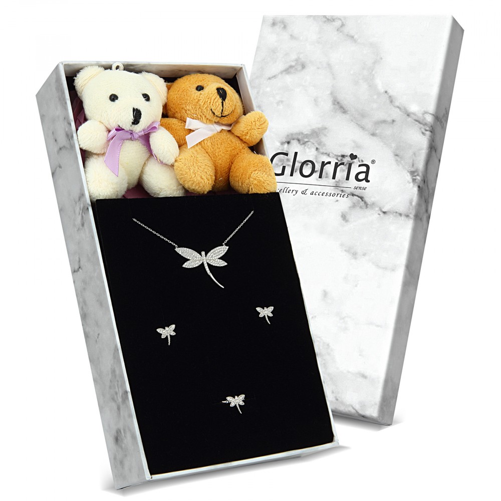 Glorria 925k Sterling Silver Dragonfly Necklace, Earrings, Ring Gift Set