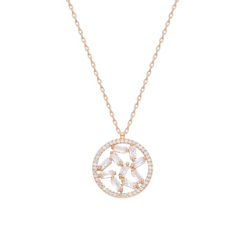 Glorria 925k Sterling Silver Baget Pave Round Necklace