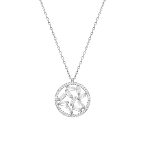 Glorria 925k Sterling Silver Baget Pave Round Necklace
