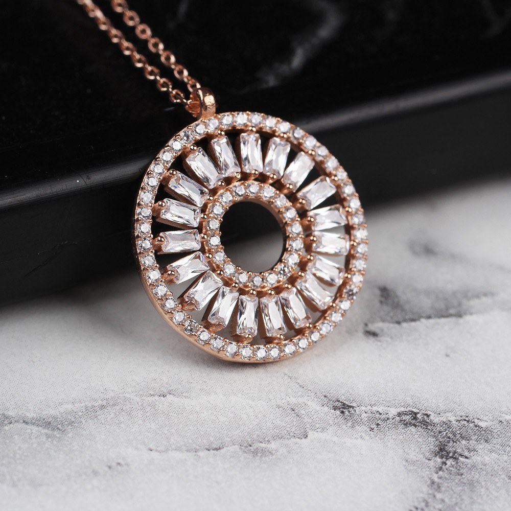 Glorria 925k Sterling Silver Baget Pave Round Necklace