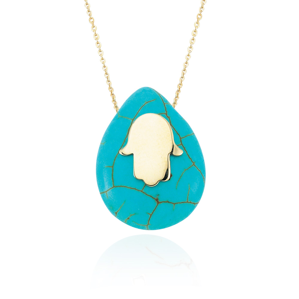 Glorria 14k Solid Gold Turquoise Hamsa Hands Necklace