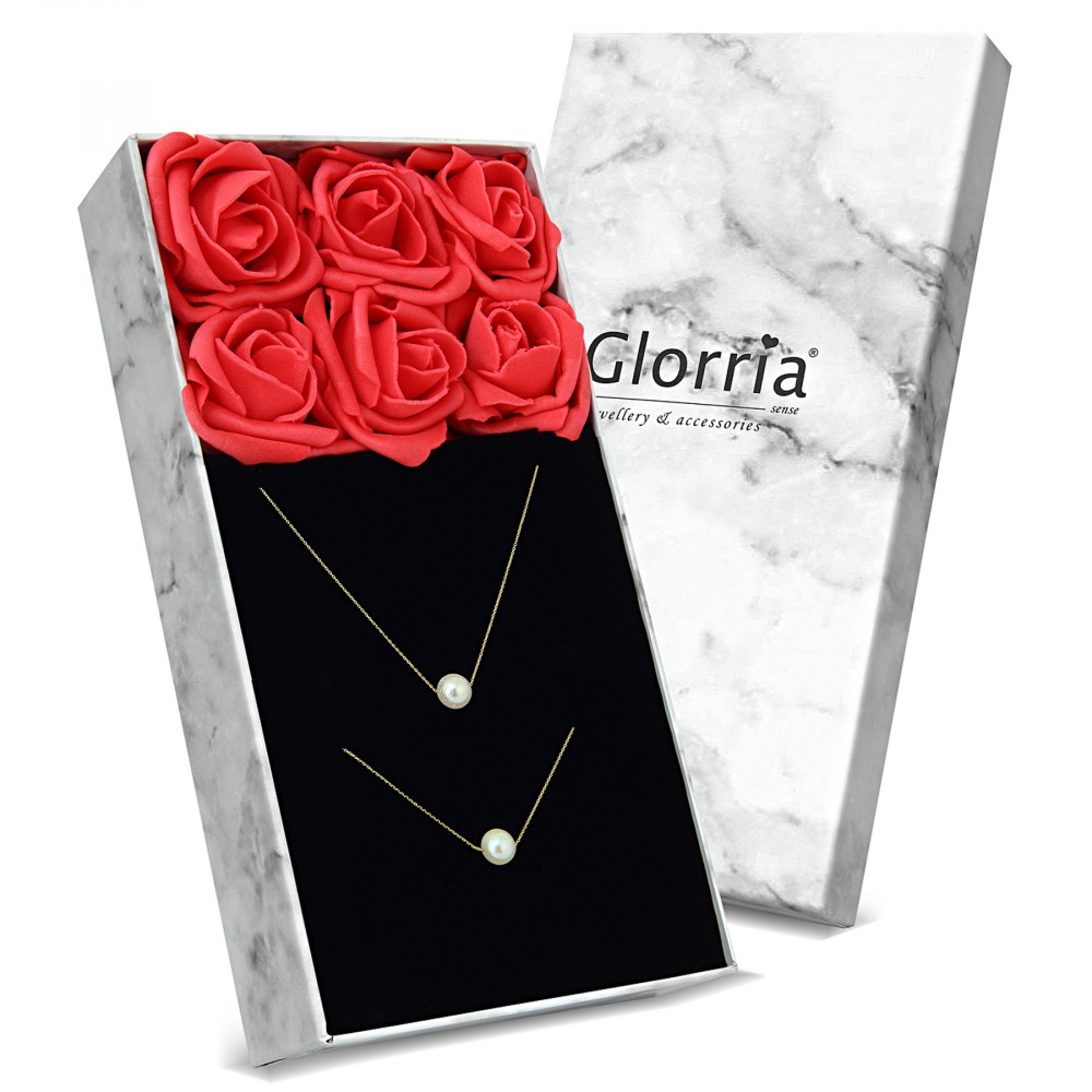 Glorria 14k Solid Gold Single Pearl Necklace, Bracelet, Flower Gift Set