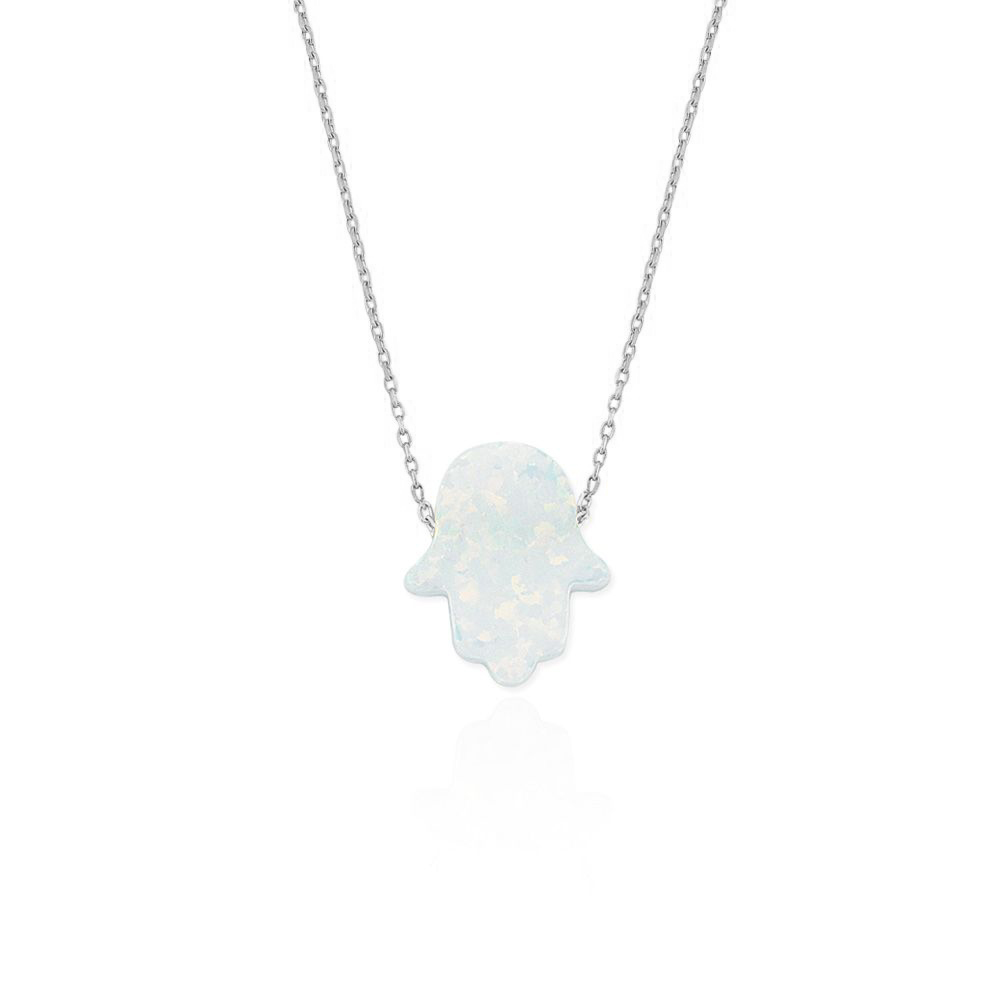 Glorria 925k Sterling Silver Opal Pave Hamsa Hands Necklace