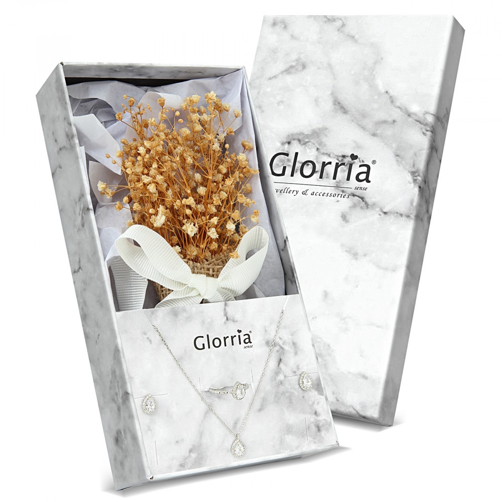 Glorria 925k Sterling Silver Drop Anturaj Necklace, Earring, Ring, Flower Gift Set Glorria 925k Sterling Silver Drop Anturaj Necklace, Earring, Ring, Flower Gift Set