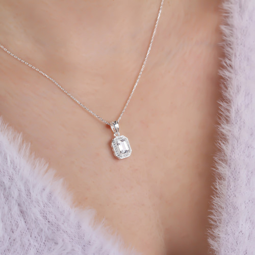 Glorria 925k Sterling Silver Baget Pave Necklace