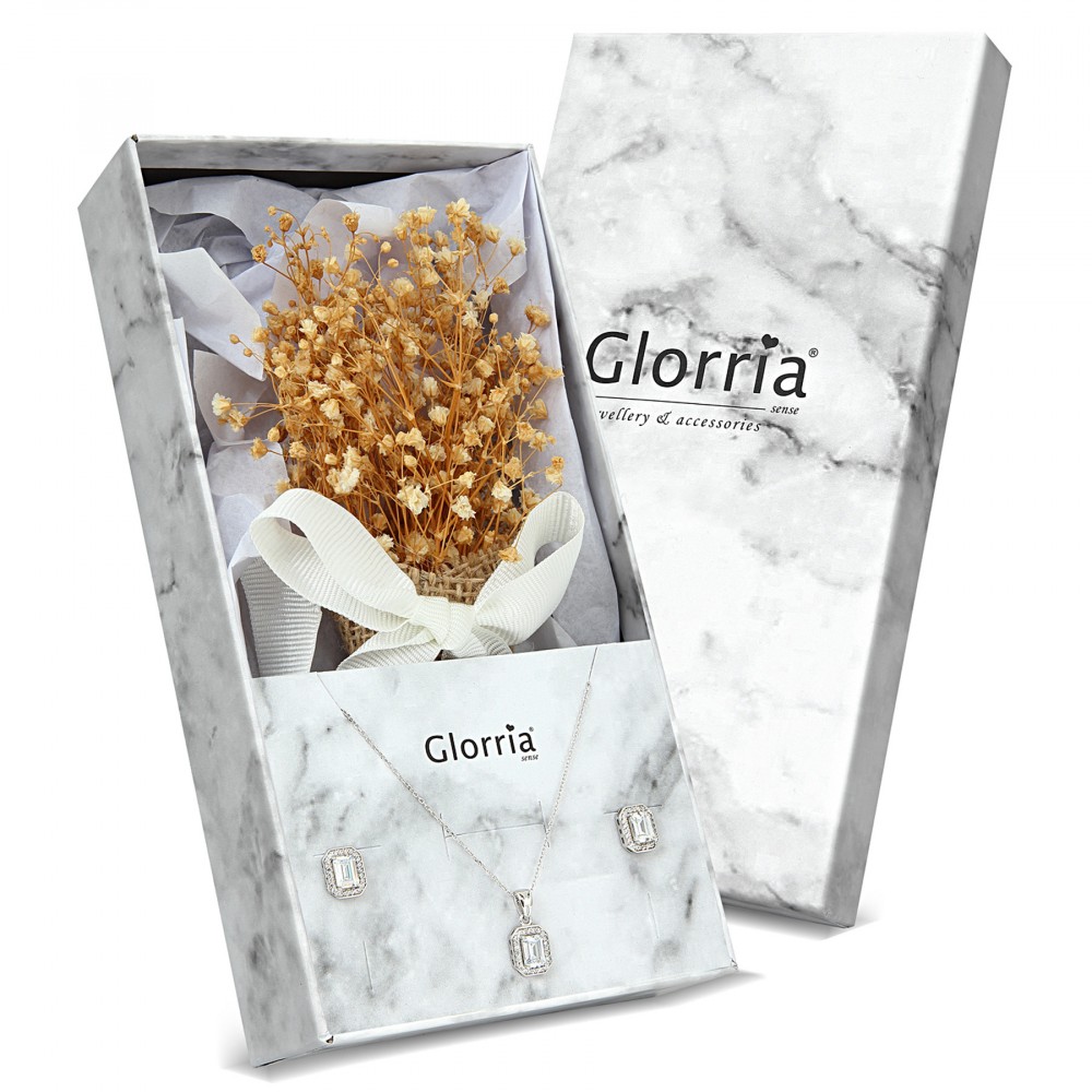 Glorria 925k Sterling Silver Baguette Necklace, Earrings, Flower Gift Set Glorria 925k Sterling Silver Baguette Necklace, Earrings, Flower Gift Set