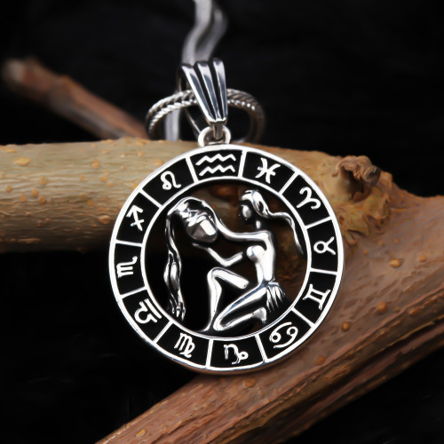 Glorria 925k Sterling Silver Men Aquarius Sign Necklace Glorria 925k Sterling Silver Men Aquarius Sign Necklace