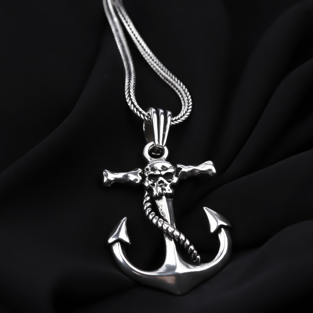 Glorria 925k Sterling Silver Men Skull Anchor Necklace