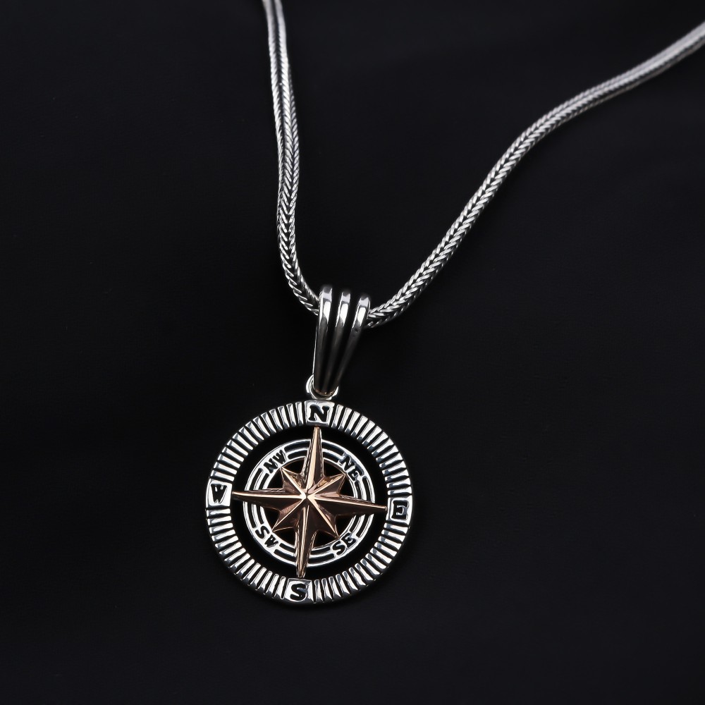 Glorria 925k Sterling Silver Men Compass Necklace