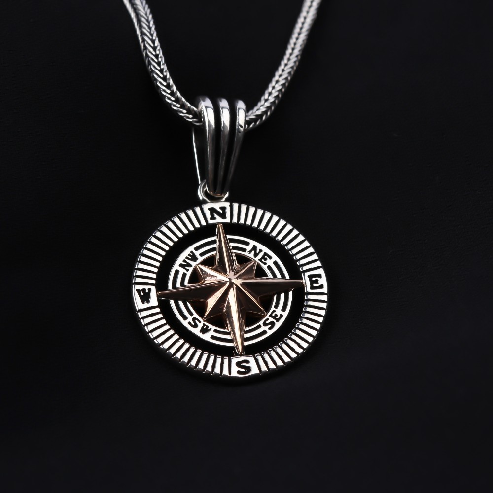 Glorria 925k Sterling Silver Men Compass Necklace