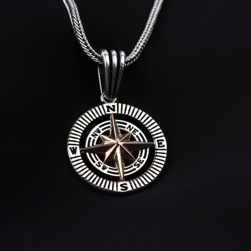 Glorria 925k Sterling Silver Men Compass Necklace