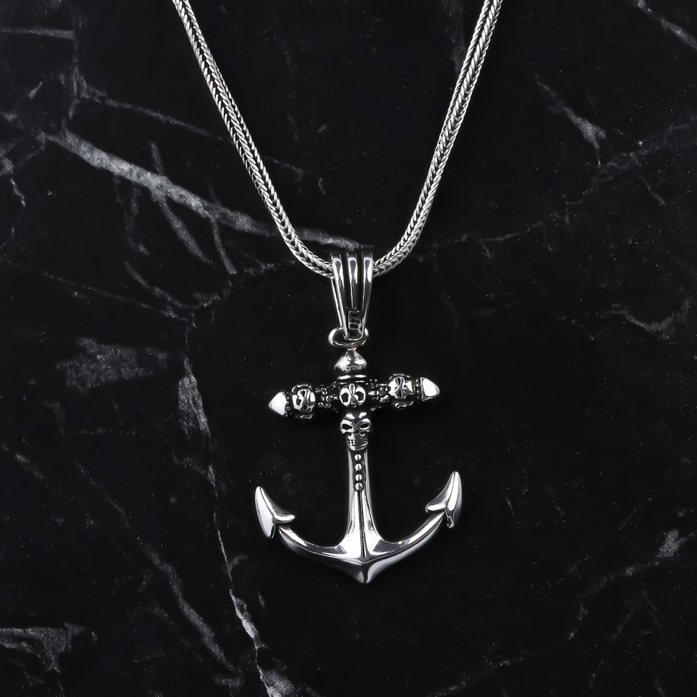 Glorria 925k Sterling Silver Men Skull Anchor Necklace