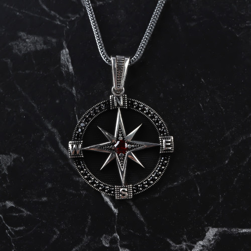 Glorria 925k Sterling Silver Men Red Stone Compass Necklace Glorria 925k Sterling Silver Men Red Stone Compass Necklace