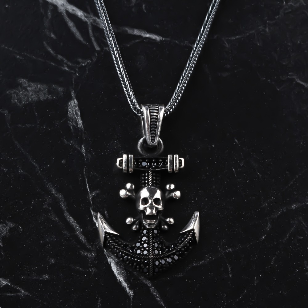 Glorria 925k Sterling Silver Men Skull Anchor Necklace