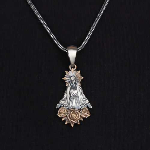 Glorria 925k Sterling Silver Gourmet Chain Virgin Mary Necklace