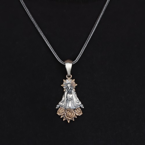 Glorria 925k Sterling Silver Gourmet Chain Virgin Mary Necklace