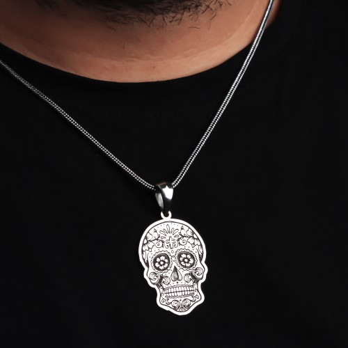 Glorria 925k Sterling Silver Men Skull Design Silver Necklace