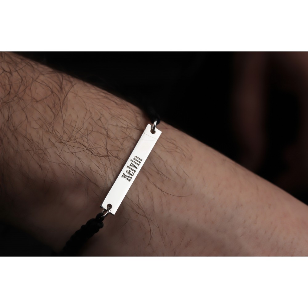 Glorria 925k Sterling Silver Men Personalized Black Corded Name Bar Sterling Silver Bracelet Glorria 925k Sterling Silver Men Personalized Black Corded Name Bar Sterling Silver Bracelet
